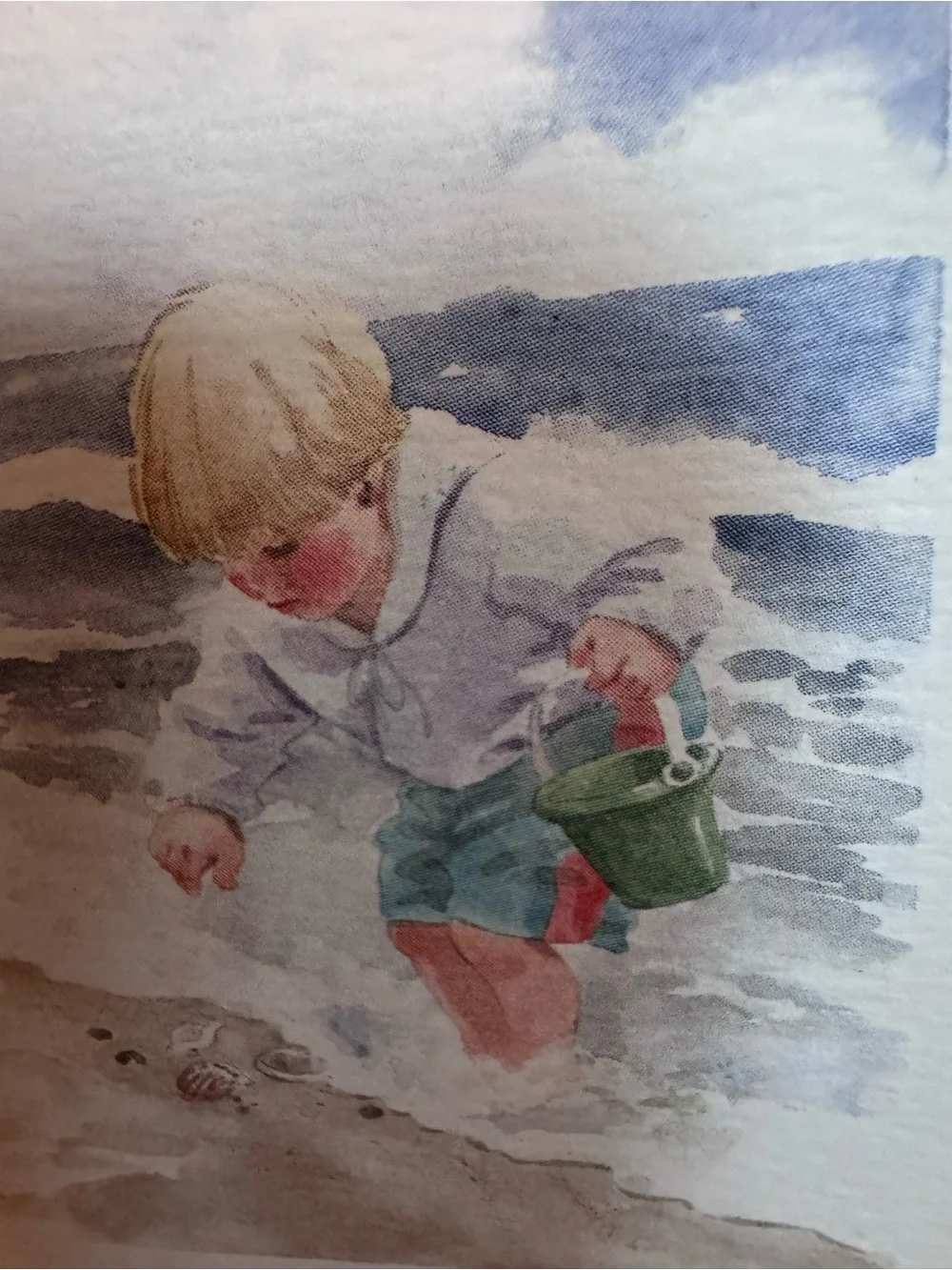 Vintage Miniature Watercolor Beach Boy Gold Frame Grandmillennial Coastal Art